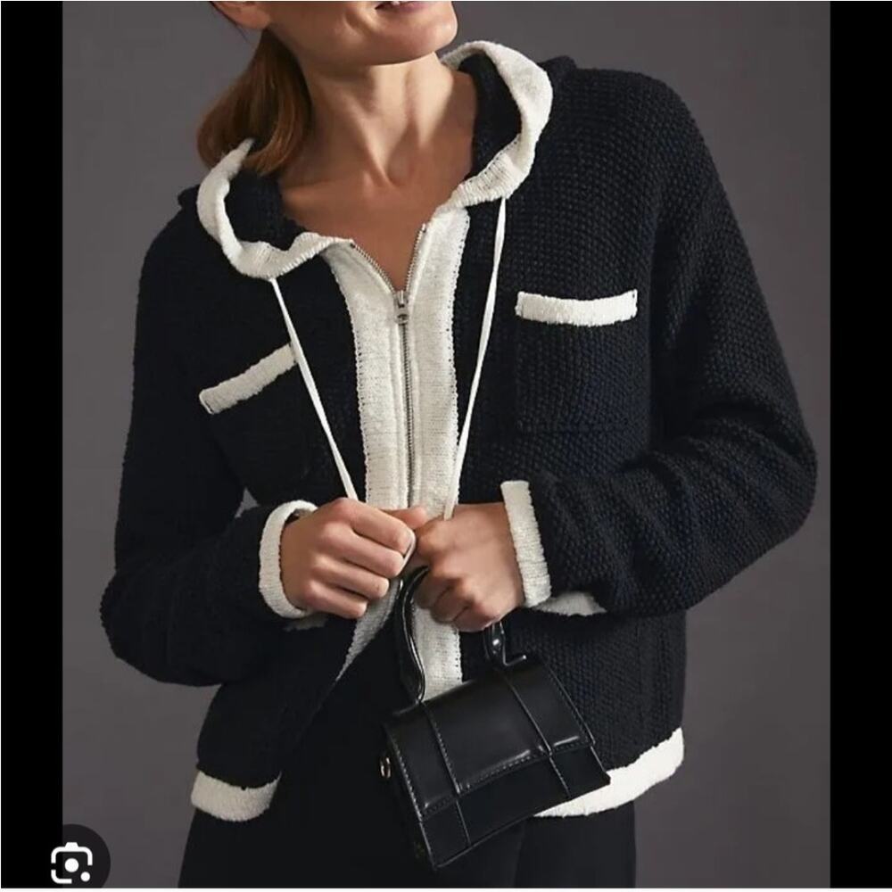 Anthropologie Maeve Hariett Knit Zip-Front Black Cardigan Sweater Size:‎ XS